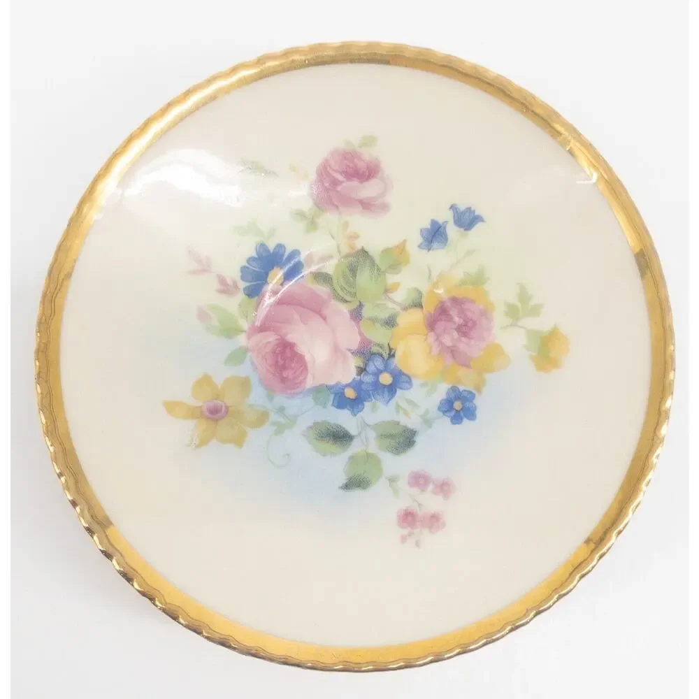 Tolpin Art Studios Teacup Saucer Flowers Pink Yellow Blue Gold Gilt Hand Painted